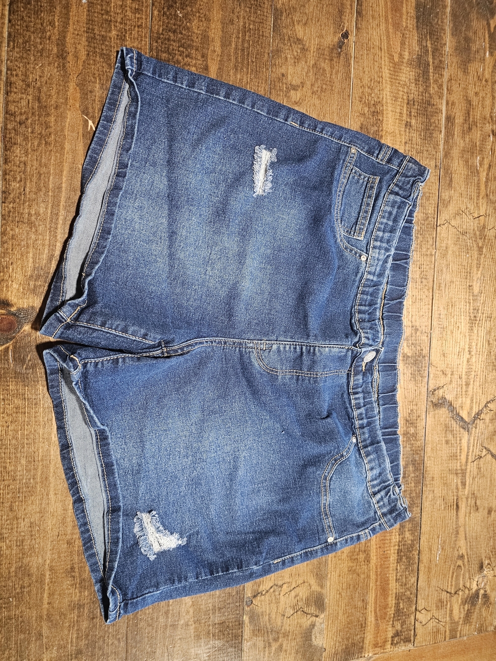 Women's Distressed Blue Denim Jean Shorts with Elastic Waist